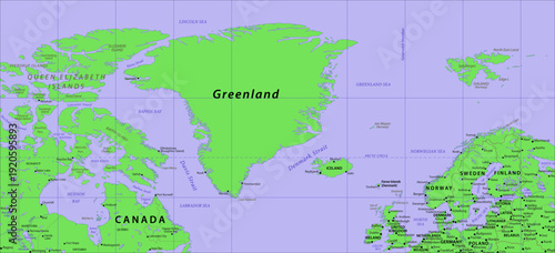 Vector political world map. Fragment of geographical atlas with greenland, iceland, denmark, sweden, finland, canada,
queen elizabeth, baffin and ellesmere island, norway, ireland, united kingdom. 
