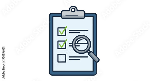 Checklist with magnifying glass and clipboard reviewing tasks or assessments