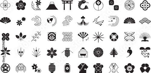 Japanese traditional icon set (Flower, Nature, Food, pattern, etc