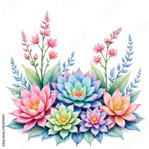 Vibrant succulents and flowers arrangement illustration.