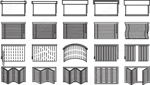 Illustrative display of various blinds and shades, offering a comprehensive representation of window coverings, providing detailed line art for design concepts.