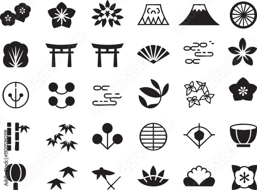 Japanese traditional icon set (Flower, Nature, Food, pattern, etc