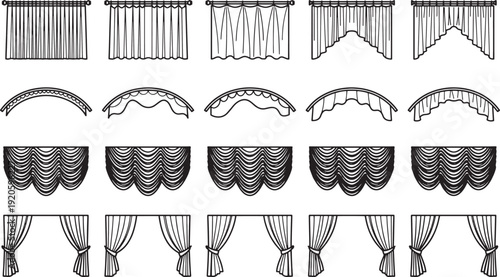 A variety of elegant curtain designs in black and white illustration, showcasing the different styles.