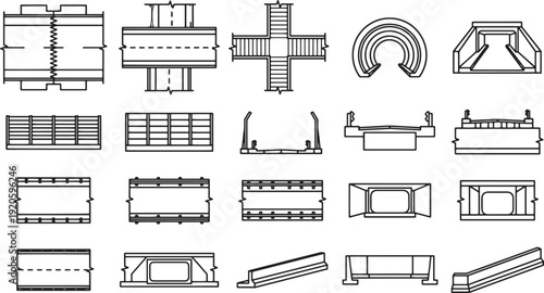 Structural steel framework and construction components. A comprehensive set of technical schematics showcasing the design and arrangement of construction elements.