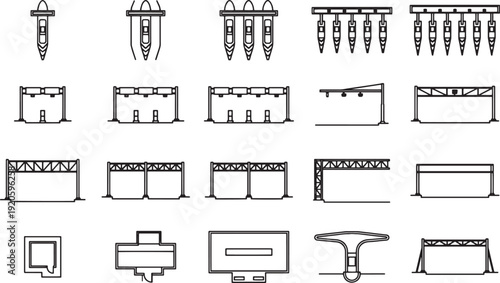 An array of architectural designs and patterns are presented with a technical and minimalist drawing style. The black and white schematic renders highlight the construction and architectural details.