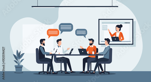 Four men in a meeting room, with a woman presenting online on a screen.