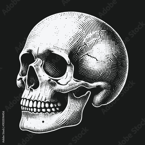 Detailed Engraving Style Skull Illustration on Dark Background.