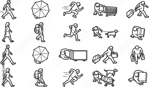 A diverse array of illustrations captures the essence of daily life, with varied activities.  A creative and vibrant display of people interacting with their surroundings.