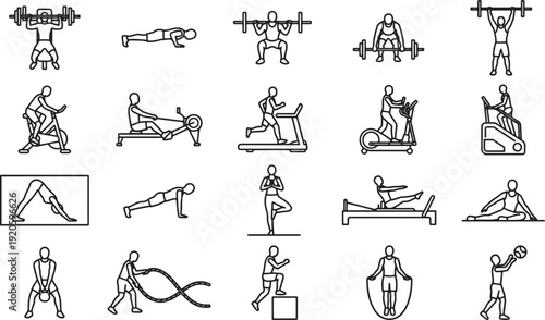 Collection of fitness icons depicting a variety of exercise and workout activities, designed in a sleek, minimalist style.