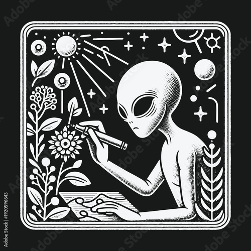 Alien botanist studies plant life under the sun and stars.