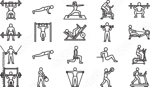 Variety of exercise activity illustrations, representing the different of fitness actions and their benefits for achieving body goals. 