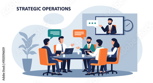 Business team in a meeting with a remote participant on a screen, discussing strategic operations.