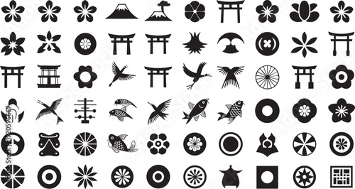 Japanese traditional icon set (Flower, Nature, Food, pattern, etc