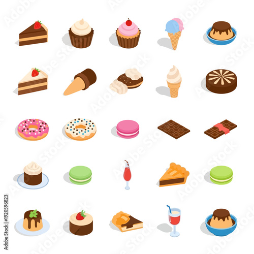 Assorted colorful desserts and sweet treats icons set.