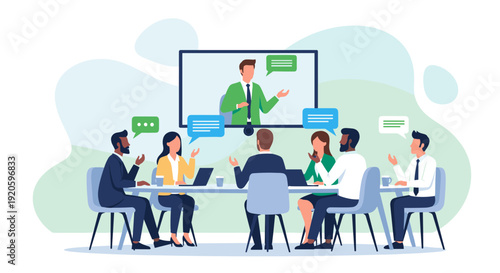 A diverse group of people engaged in a video conference meeting, discussing ideas.