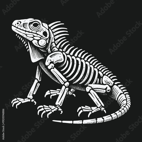 Iguana Skeleton Illustration: A Detailed Anatomical Study in Black and White.