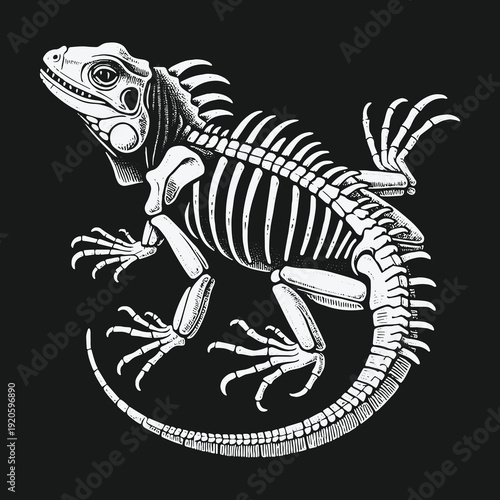 Iguana Skeleton Illustration: Detailed Anatomical Study in Black and White.