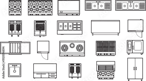 Collection of various top view kitchen equipment arranged with a focus on design and functionality, perfect for culinary and interior design projects.