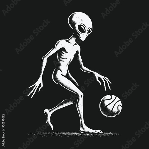Alien Dribbling Basketball: Extraterrestrial Athlete in Action on Earth.