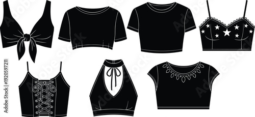 Set of technical fashion sketches of women top silhouettes featuring crop tops halter necks tie fronts and star pattern designs