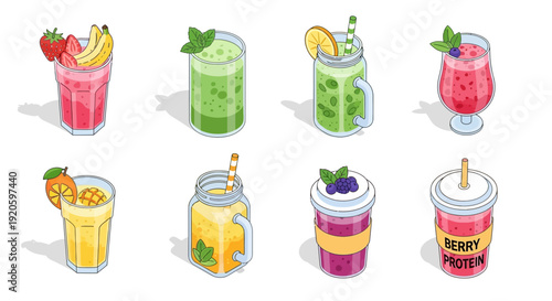 Colorful cartoon smoothies and juices in various glasses.