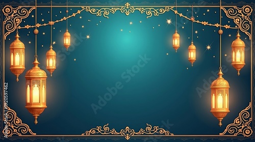 Ramadan Background with Crescent & Lanterns