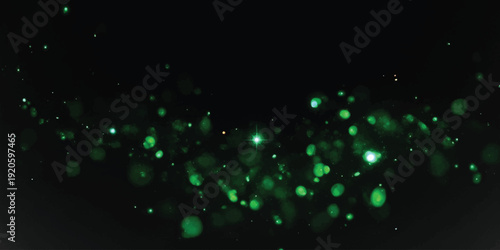 Abstract dark background with shimmering green particles creating a mysterious bokeh effect.