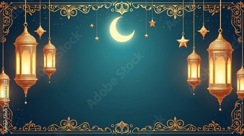 Ramadan Background with Crescent & Lanterns