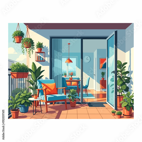 Cozy balcony with plants and outdoor furniture in a modern apartment.