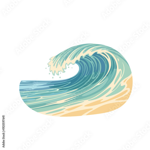 Ocean wave crashing on sandy beach illustration.