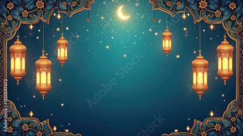 Ramadan Background with Crescent & Lanterns
