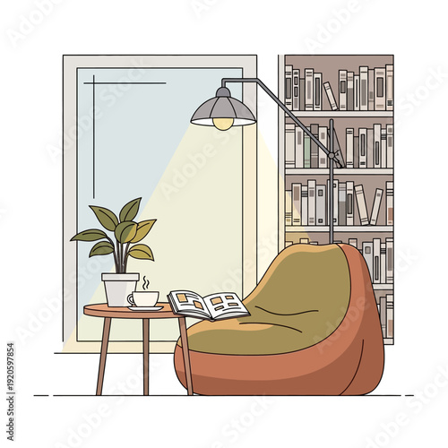 Cozy reading corner with bean bag chair and bookshelf.