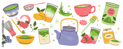 Vector matcha tea elements set. Flat cartoon illustration isolated on white. Japanese hot drink collection. Matcha tea stickers set with oat milk, matcha powder, honey and mango, strawberry.
