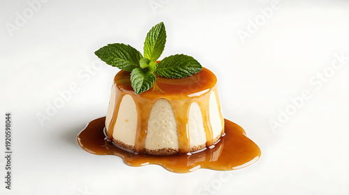 caramel pudding flan dessert topped with fresh mint leaves and glossy caramel sauce isolated on transparent background.
