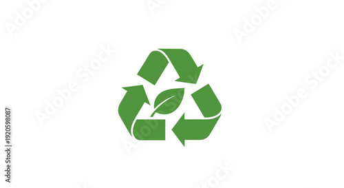 Green recycling symbol with leaf in the middle.