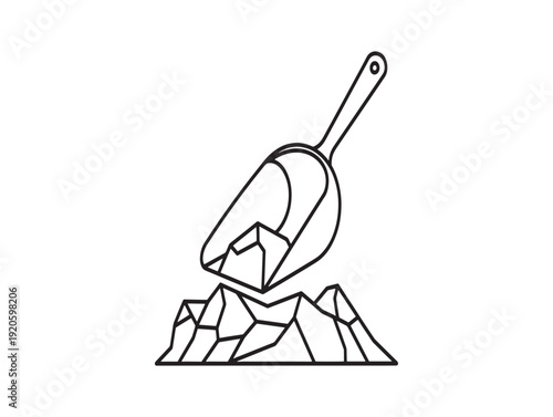 A black and white line drawing of a shovel scooping up a pile of dirt or debris