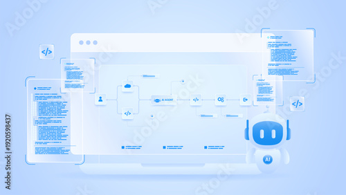 AI workflow automation artificial intelligence. ai agent automation diagram dashboard machine learning with flow processing system, coding panel and automation system.