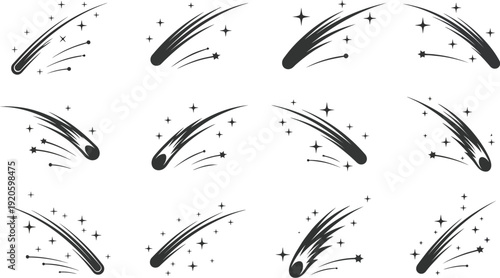Black curved comet and stars sparkle vector icon set