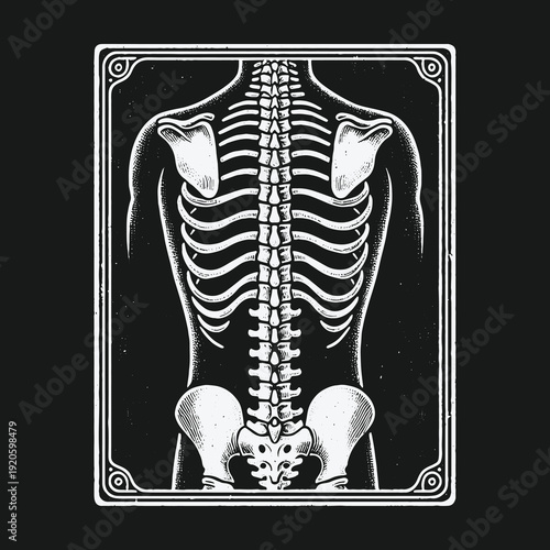 Anatomical Illustration of a Human Skeletons Torso and Spine in White.
