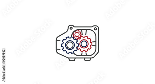 Simple line art illustration of mechanical gears inside a machine.