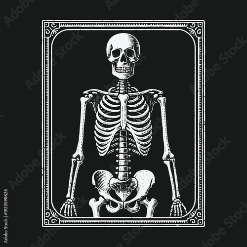 Anatomical Skeleton Illustration in Ornate Frame on Dark Background.