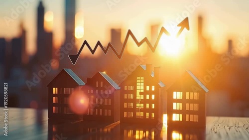 Growth in real estate market with rising property values during sunset in city skyline
