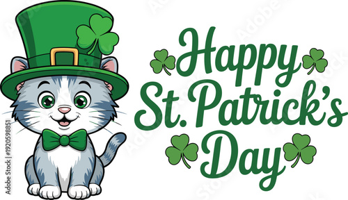 Happy St Patrick’s Day Typography with Cute Cat Wearing Leprechaun Hat Shamrocks and Bow Tie Festive Irish Holiday Illustration Isolated