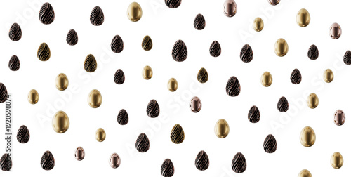 Abstract pattern of metallic Easter eggs in gold, bronze and black on white background. Holiday background.