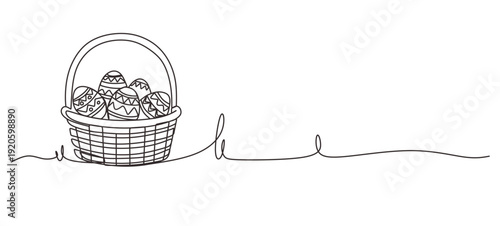 One continuous line drawing Traditional eastern European Easter cake kulich in a plate with dyed eggs.  vector illustration