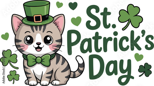 St Patrick’s Day Typography with Cute Kitten Wearing Leprechaun Hat Shamrocks and Green Bow Tie Festive Irish Holiday Illustration
