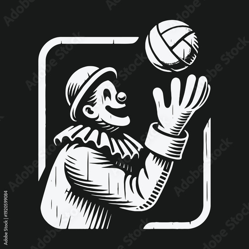 Clown Juggling a Volleyball in a Vintage Style Illustration.