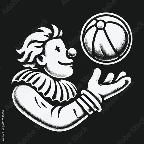 Vintage Clown Juggling Ball Illustration in Black and White.