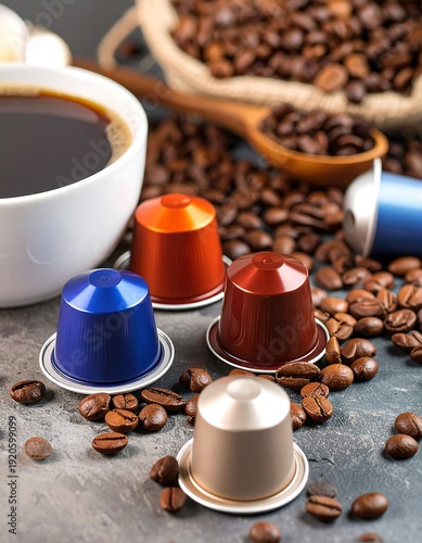 Rich coffee scene full cup, colorful pods, scoop of beans, textured background