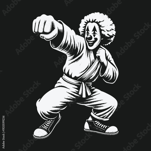 Clown Karate Master: A Striking Black and White Illustration.